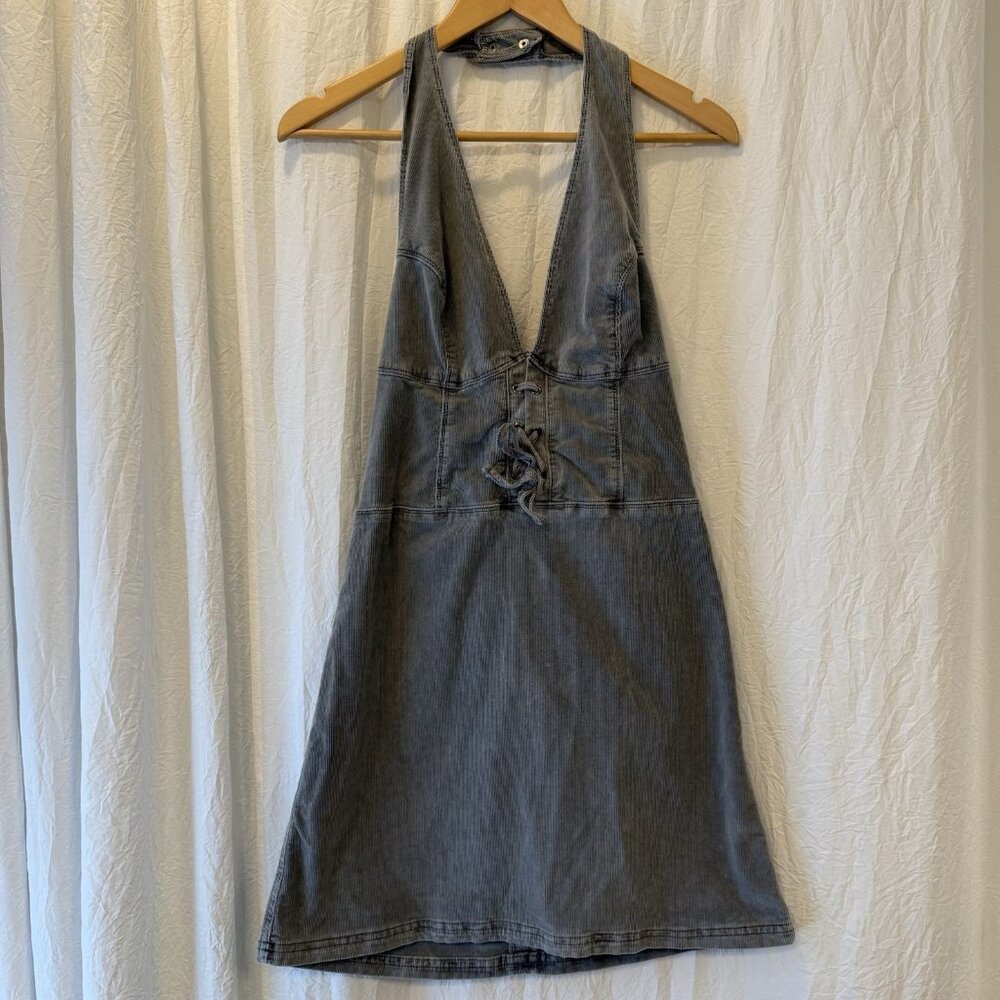 Urban Outfitters Alejandra Grey Corduroy Halter Open Back Mini Dress Size Large‎ - Picture 7 of 7